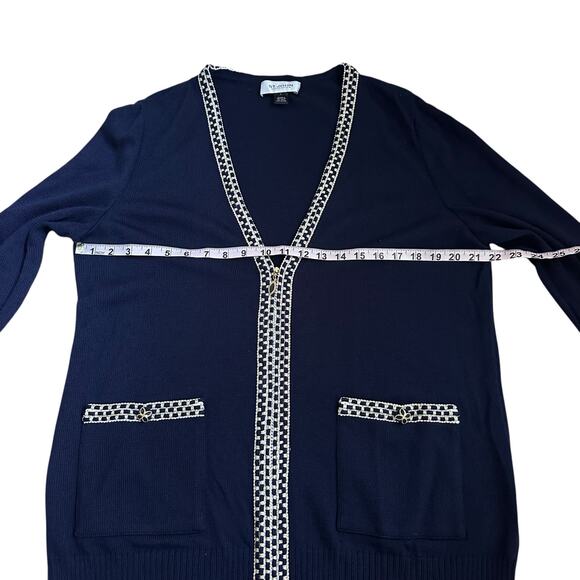St. John Navy Blue Santana Knit Zip Cardigan Sweater L Metallic Trim  V-Neck - Picture 10 of 12